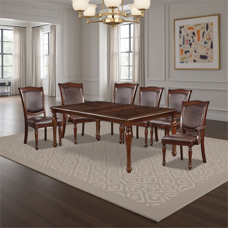 Benjara Veni 7pc Dining Table and Chair Set- Cherry Brown Wood- Faux Leather