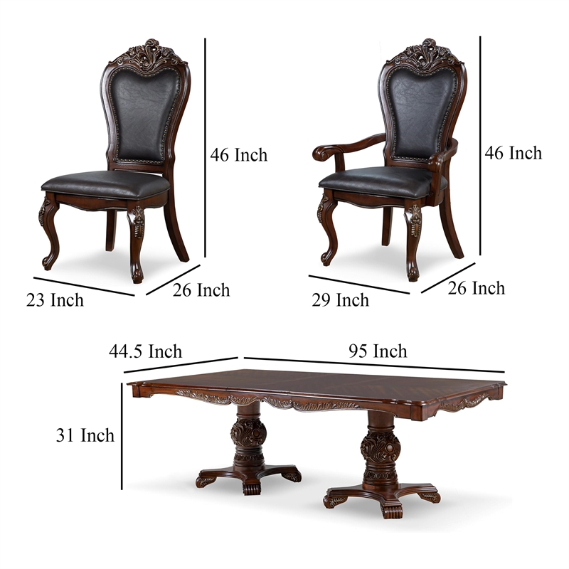 Benjara Zenie 7pc Dining Set- Classy Cherry Brown Wood Table- 6 Carved Chairs