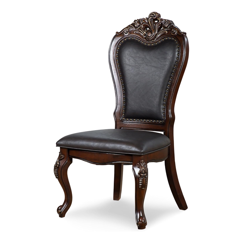 Benjara Zenie 7pc Dining Set- Classy Cherry Brown Wood Table- 6 Carved Chairs