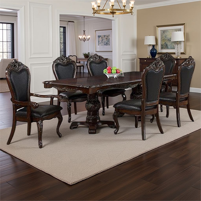 Benjara Zenie 7pc Dining Set- Classy Cherry Brown Wood Table- 6 Carved Chairs