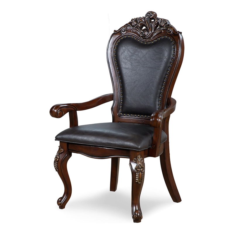 Benjara Zenie 7pc Dining Set- Classy Cherry Brown Wood Table- 6 Carved Chairs