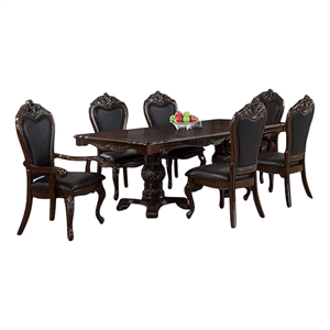 Benjara Zenie 7pc Dining Set- Classy Cherry Brown Wood Table- 6 Carved Chairs