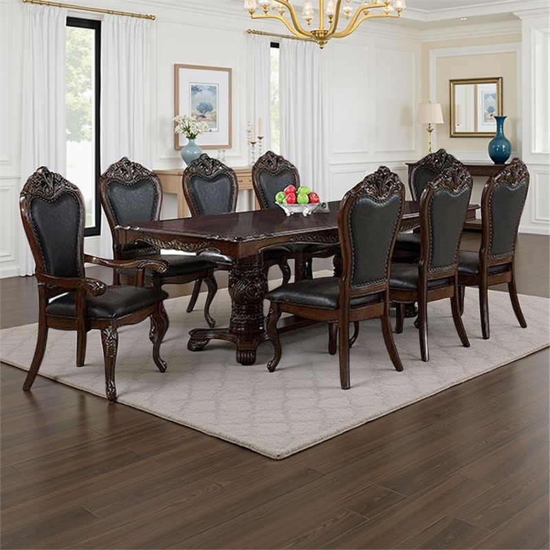 Benjara Zenie 9pc Dining Set- Classy Cherry Brown Wood Table- 8 Carved Chairs