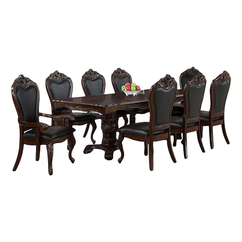 Benjara Zenie 9pc Dining Set- Classy Cherry Brown Wood Table- 8 Carved Chairs