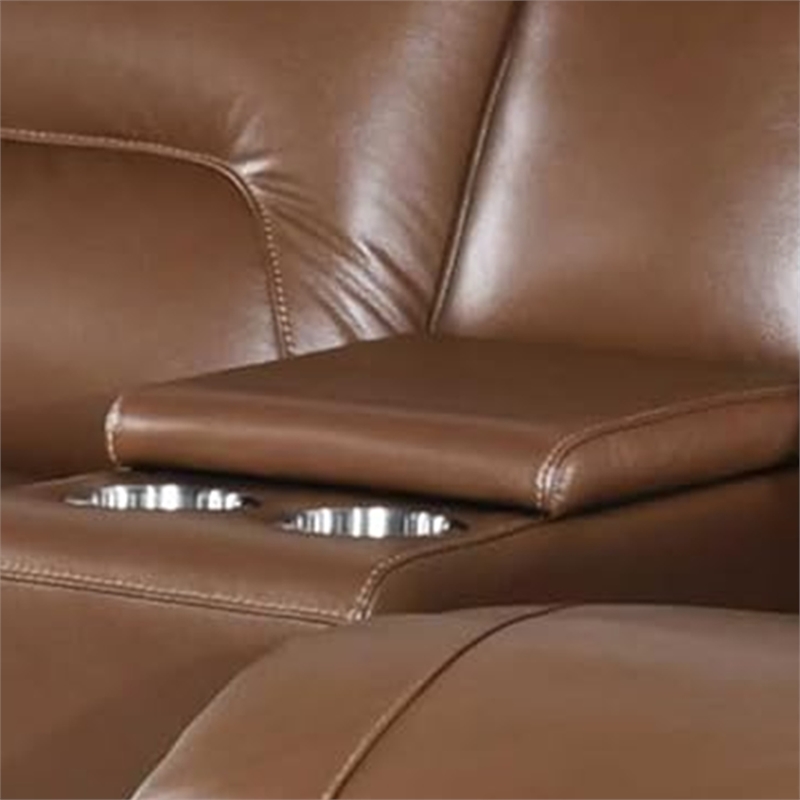 Benjara Teren Power Recliner Loveseat- 63 Inch- Brown Grain Leather- Cupholders