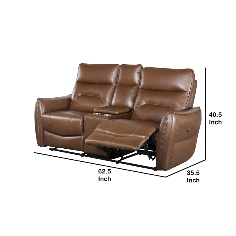 Benjara Teren Power Recliner Loveseat- 63 Inch- Brown Grain Leather- Cupholders