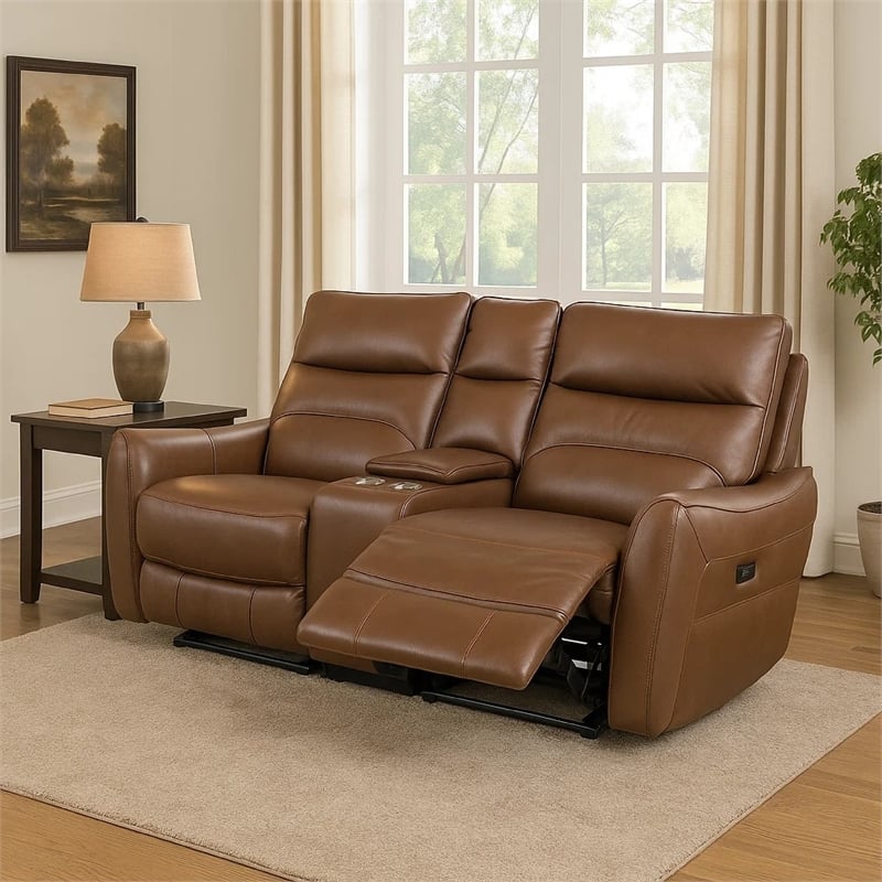 Benjara Teren Power Recliner Loveseat- 63 Inch- Brown Grain Leather- Cupholders
