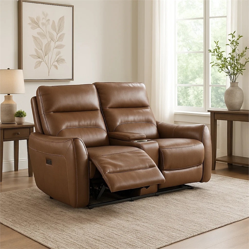 Benjara Teren Power Recliner Loveseat- 63 Inch- Brown Grain Leather- Cupholders