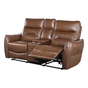 Benjara Teren Power Recliner Loveseat- 63 Inch- Brown Grain Leather- Cupholders