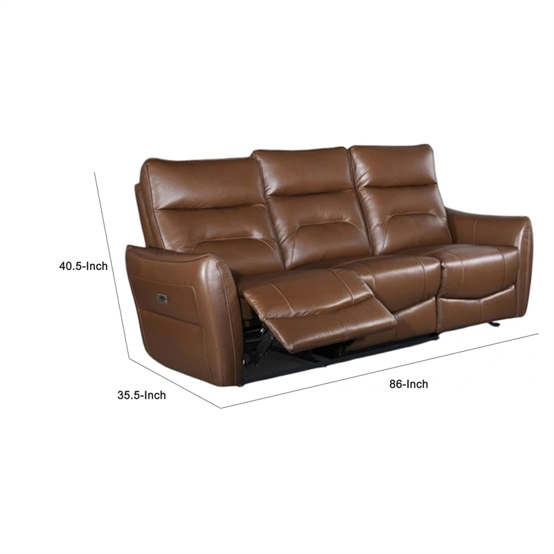 Benjara Teren Power Recliner Sofa- 86 Inch- Brown Grain Leather