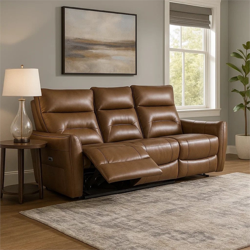 Benjara Teren Power Recliner Sofa- 86 Inch- Brown Grain Leather