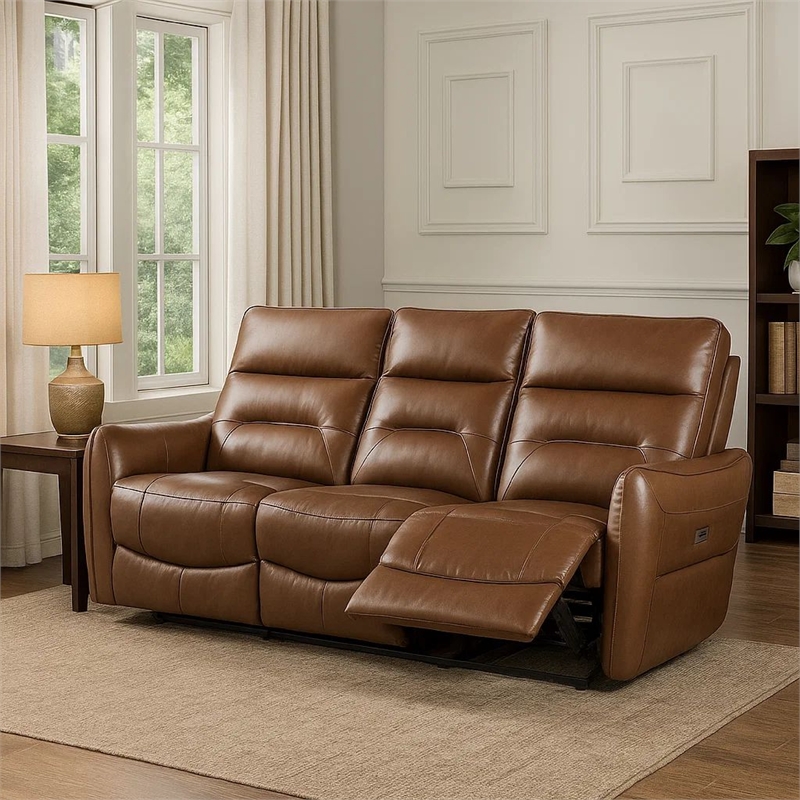 Benjara Teren Power Recliner Sofa- 86 Inch- Brown Grain Leather
