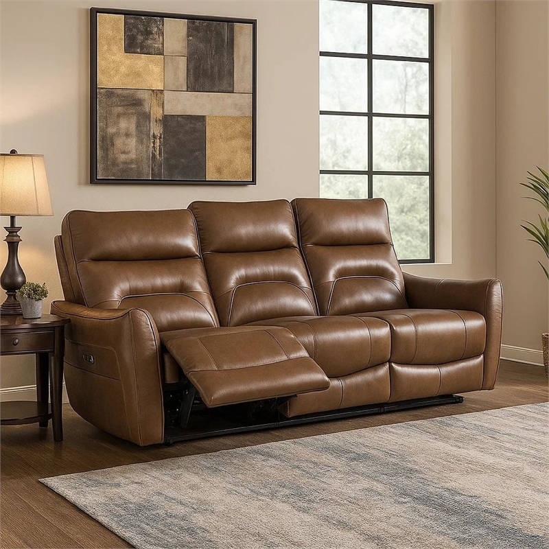 Benjara Teren Power Recliner Sofa- 86 Inch- Brown Grain Leather