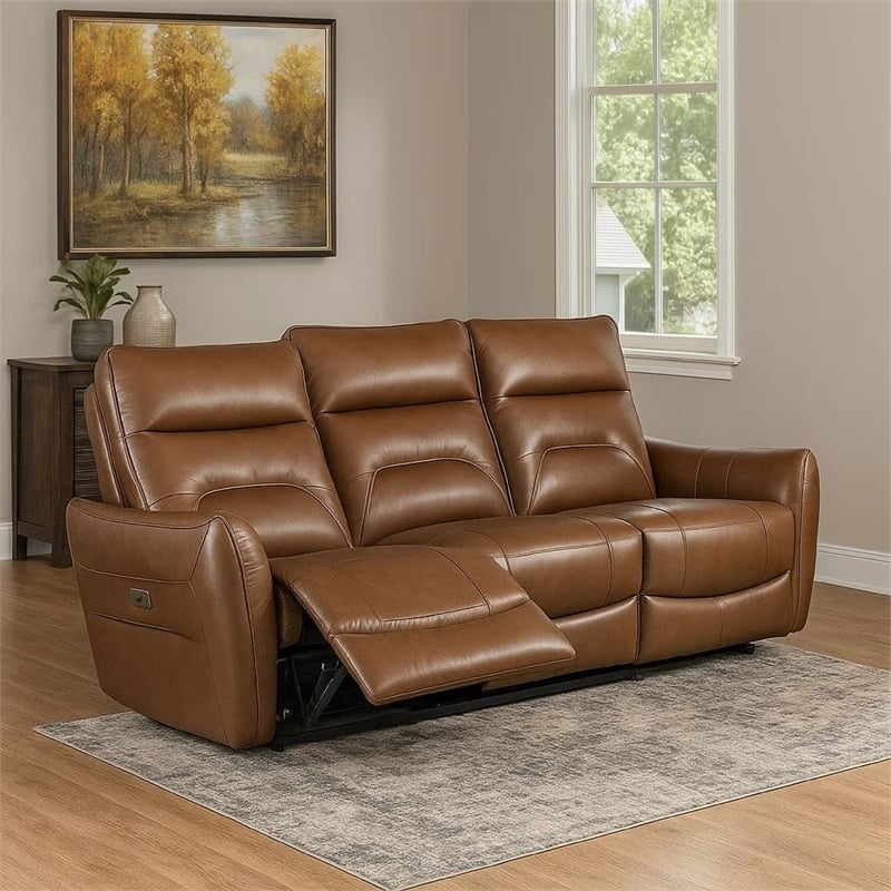 Benjara Teren Power Recliner Sofa- 86 Inch- Brown Grain Leather