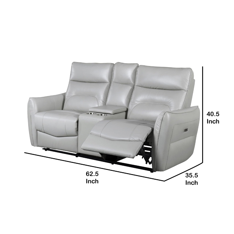 Benjara Teren Power Recliner Loveseat- 63 Inch- Gray Grain Leather- Cuphoders