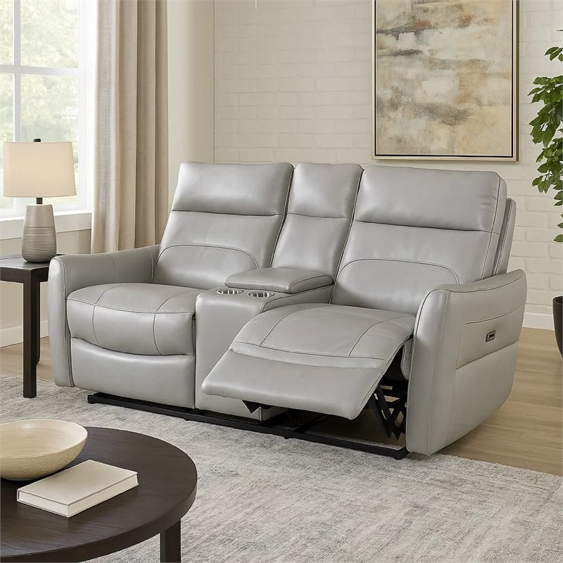 Benjara Teren Power Recliner Loveseat- 63 Inch- Gray Grain Leather- Cuphoders