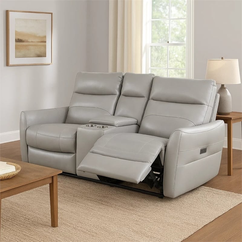 Benjara Teren Power Recliner Loveseat- 63 Inch- Gray Grain Leather- Cuphoders
