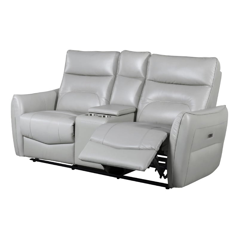 Benjara Teren Power Recliner Loveseat- 63 Inch- Gray Grain Leather- Cuphoders