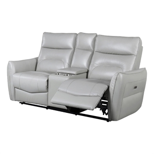Benjara Teren Power Recliner Loveseat- 63 Inch- Gray Grain Leather- Cuphoders
