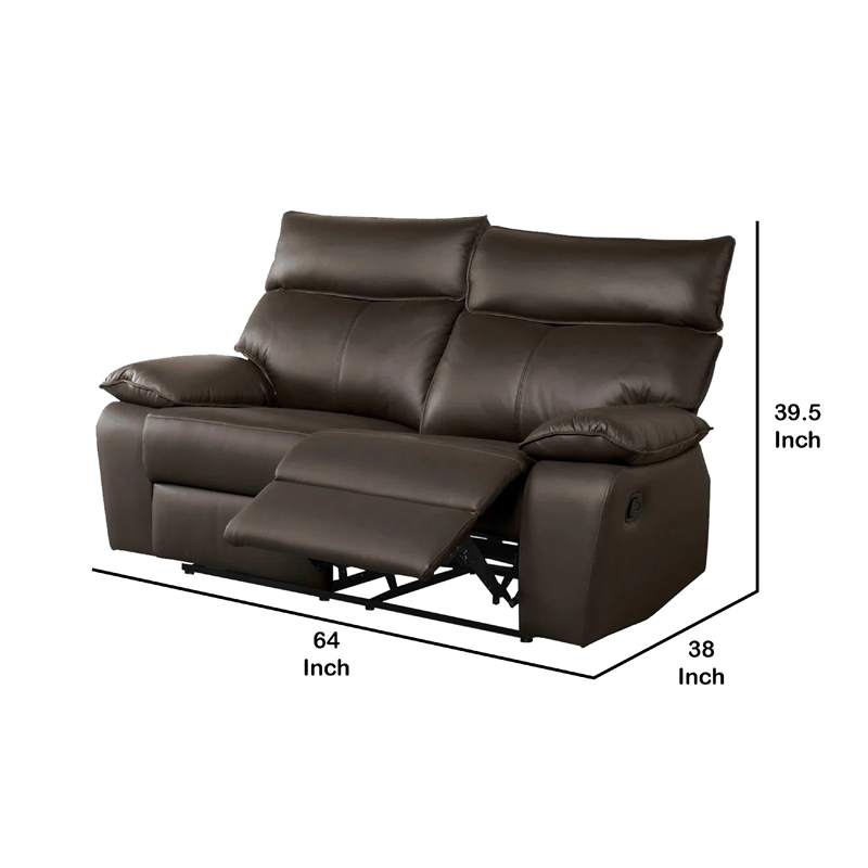 Benjara Ozy Manual Recliner Loveseat- 64 Inch- Contemporary Brown Grain Leather