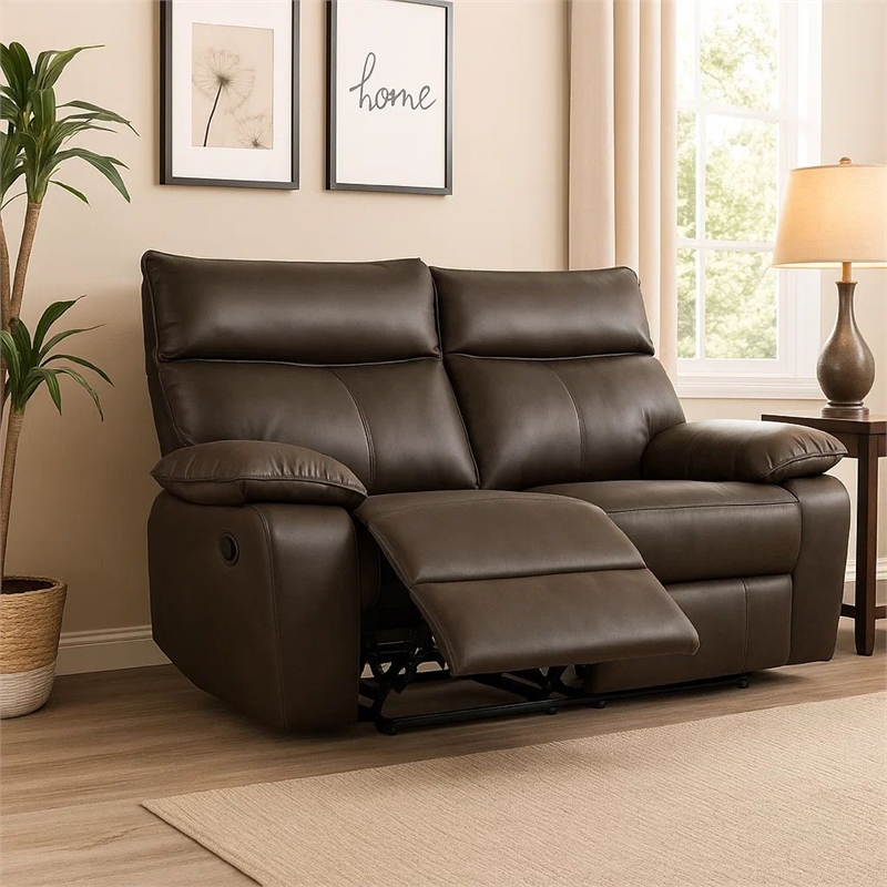 Benjara Ozy Manual Recliner Loveseat- 64 Inch- Contemporary Brown Grain Leather
