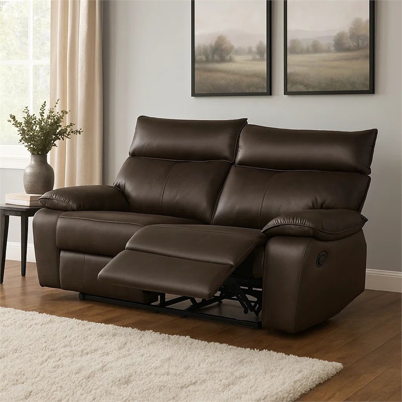 Benjara Ozy Manual Recliner Loveseat- 64 Inch- Contemporary Brown Grain Leather