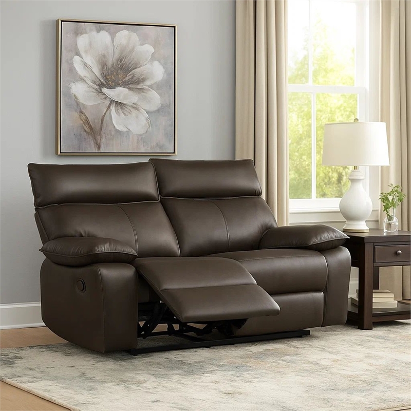 Benjara Ozy Manual Recliner Loveseat- 64 Inch- Contemporary Brown Grain Leather