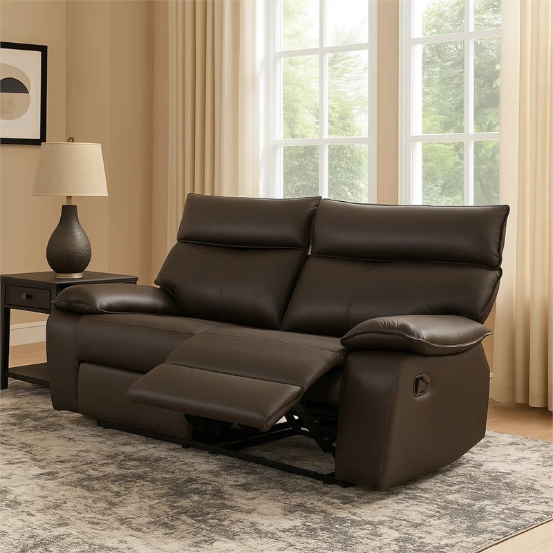 Benjara Ozy Manual Recliner Loveseat- 64 Inch- Contemporary Brown Grain Leather