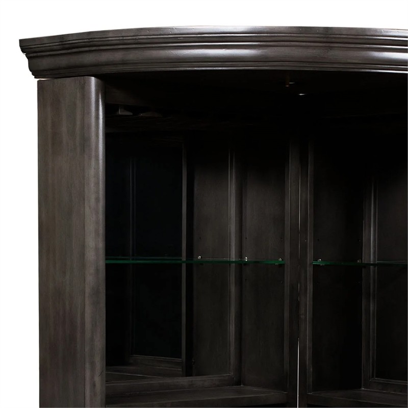 Benjara Wooden Bar Cabinet with Glass Shelves- Brown
