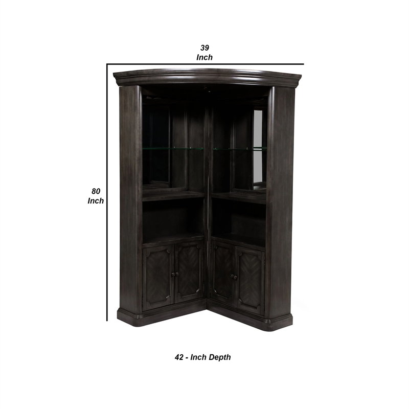 Benjara Wooden Bar Cabinet with Glass Shelves- Brown