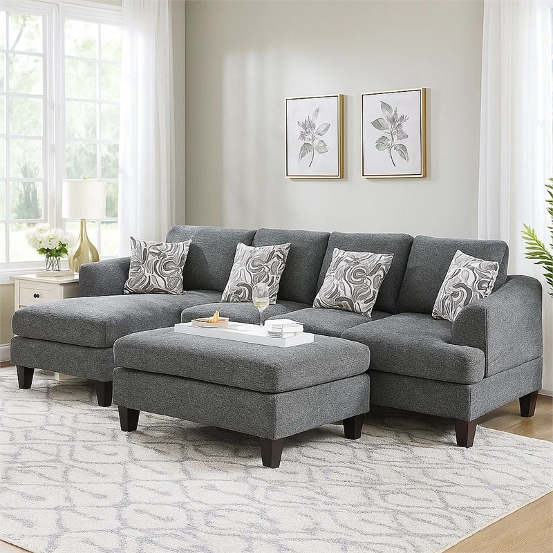 Benjara Wood and Fabric Sectional Set with Ottoman- Set of 5- Gray