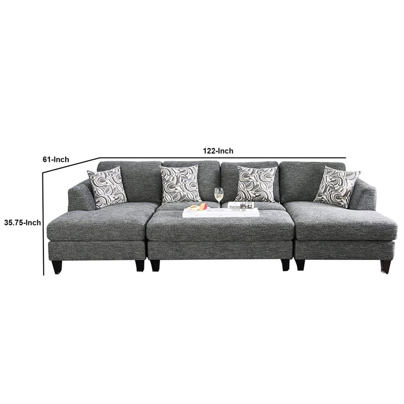 Benjara Wood and Fabric Sectional Set with Ottoman- Set of 5- Gray