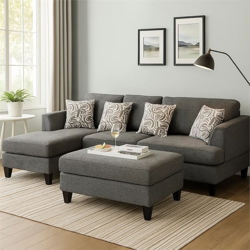 Benjara Wood and Fabric Sectional Set with Ottoman- Set of 5- Gray