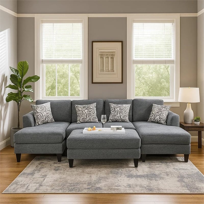 Benjara Wood and Fabric Sectional Set with Ottoman- Set of 5- Gray