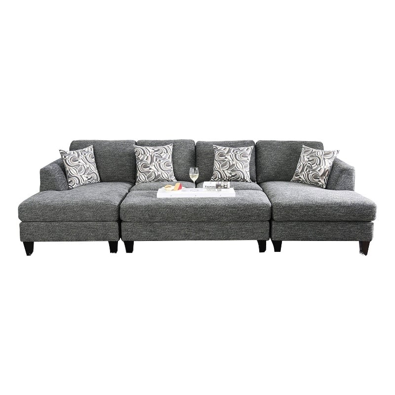 Benjara Wood and Fabric Sectional Set with Ottoman- Set of 5- Gray