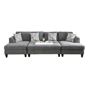Benjara Wood and Fabric Sectional Set with Ottoman- Set of 5- Gray