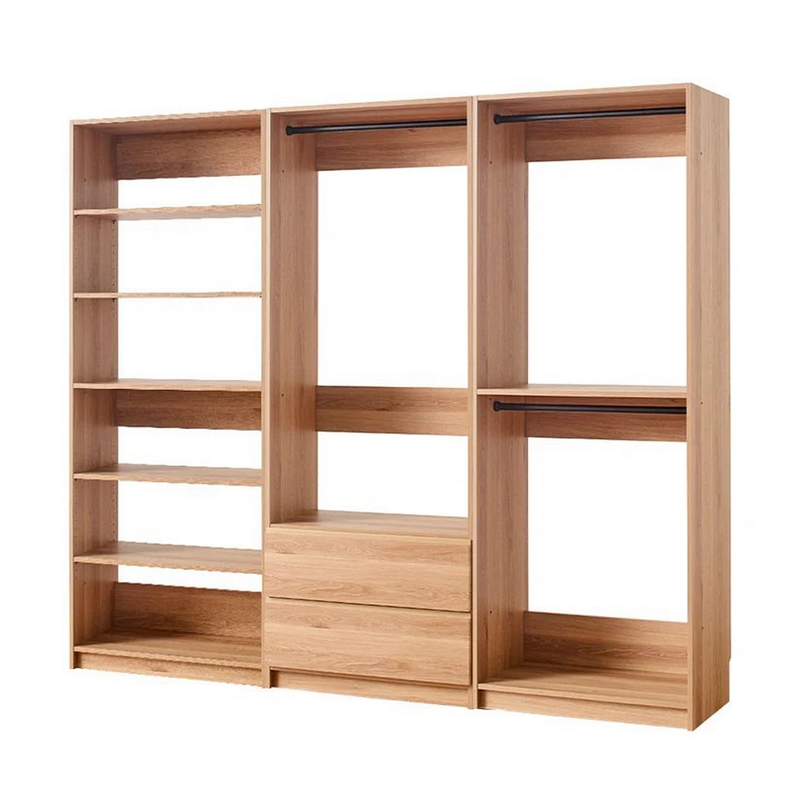Benjara Dee Modular Closet System- 5 Floating Shelves- 2 Drawers- Oak Brown Wood