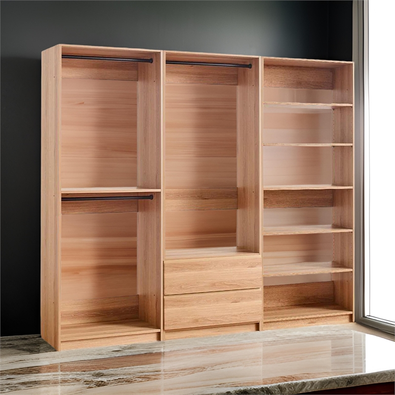Benjara Dee Modular Closet System- 5 Floating Shelves- 2 Drawers- Oak Brown Wood