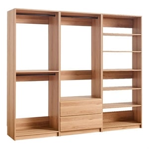 Benjara Dee Modular Closet System- 5 Floating Shelves- 2 Drawers- Oak Brown Wood