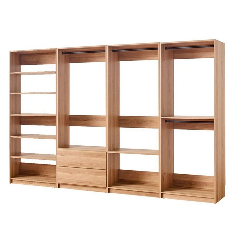 Benjara Dee Modular Freestanding Closet System- 4 Hanging Rods- 6 Shelves- Brown