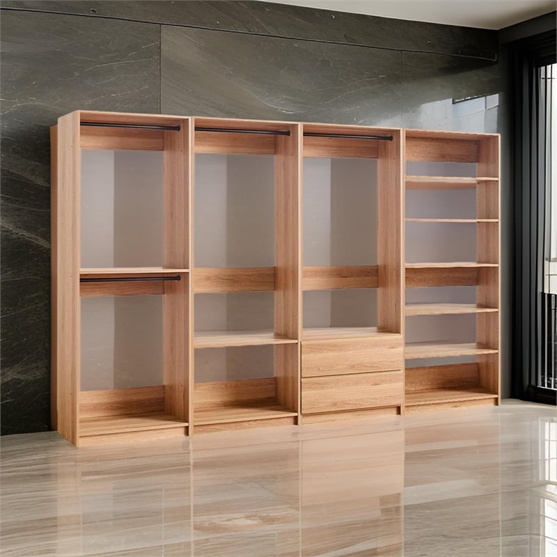 Benjara Dee Modular Freestanding Closet System- 4 Hanging Rods- 6 Shelves- Brown