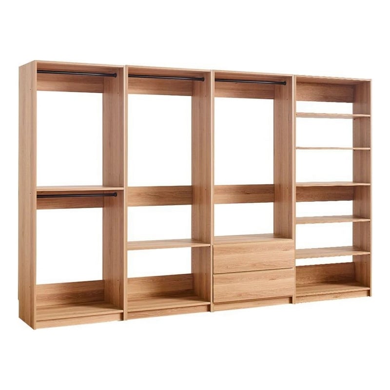 Benjara Dee Modular Freestanding Closet System- 4 Hanging Rods- 6 Shelves- Brown