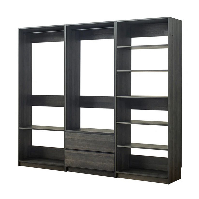 Benjara Dee Modular Closet System- 2 Clothing Racks- 6 Shelves- Dark Gray Wood