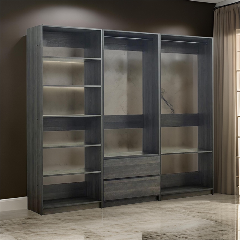 Benjara Dee Modular Closet System- 2 Clothing Racks- 6 Shelves- Dark Gray Wood