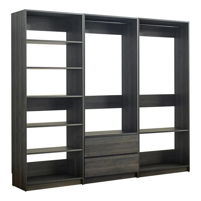 Benjara Dee Modular Closet System- 2 Clothing Racks- 6 Shelves- Dark Gray Wood
