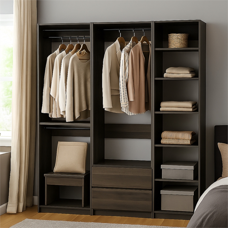 Benjara Dee Modular Closet System- 5 Floating Shelves- 2 Drawers- Black Wood