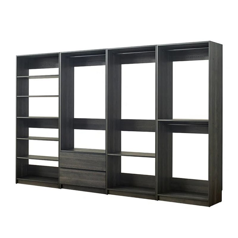 Benjara Dee Modular Freestanding Closet System- 4 Hanging Rods- 6 Shelves- Gray