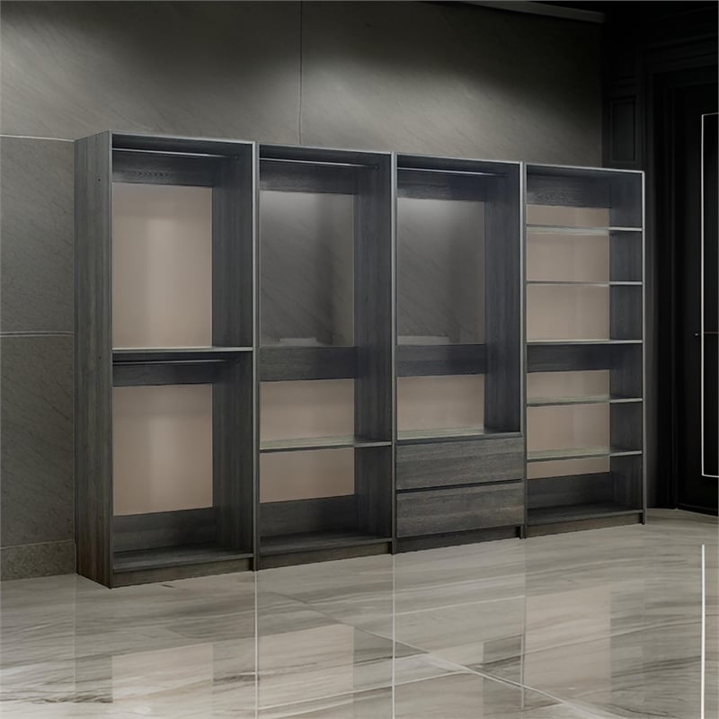 Benjara Dee Modular Freestanding Closet System- 4 Hanging Rods- 6 Shelves- Gray