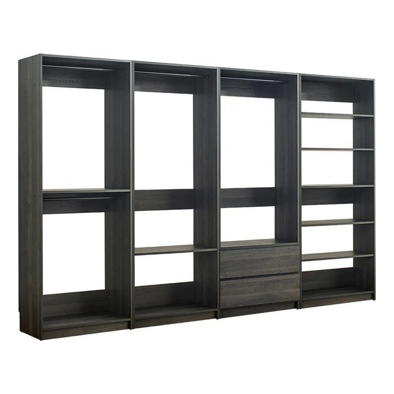 Benjara Dee Modular Freestanding Closet System- 4 Hanging Rods- 6 Shelves- Gray