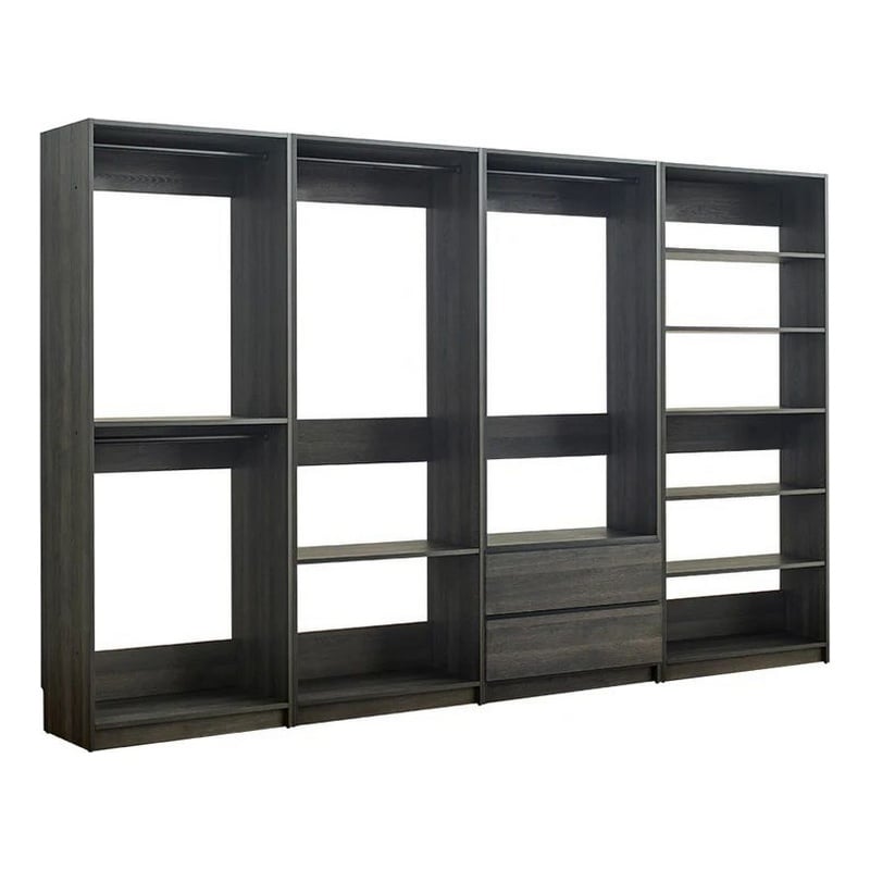 Benjara Dee Modular Freestanding Closet System- 4 Hanging Rods- 6 Shelves- Gray